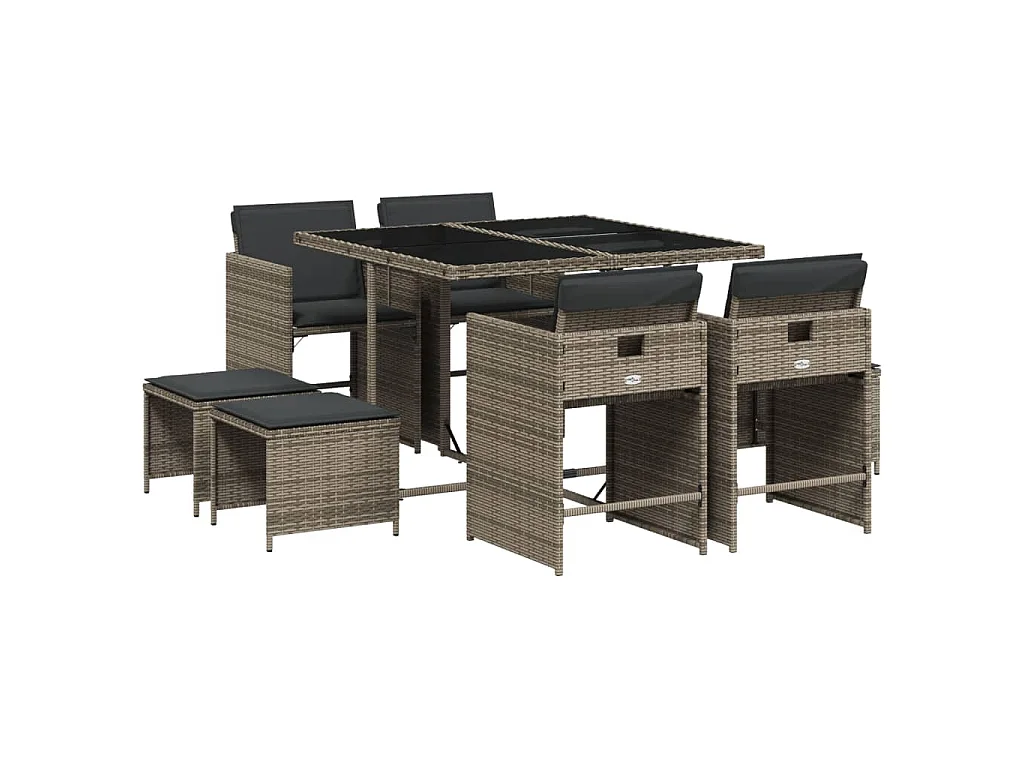 9-delige Tuinset met kussens poly rattan grijs
