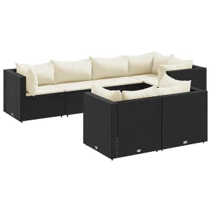 7-delige Loungeset met kussens poly rattan zwart 7-delige Loungeset met kussens poly rattan zwart