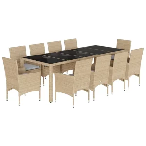 11-delige Tuinset met kussens poly rattan en glas beige 11-delige Tuinset met kussens poly rattan en glas beige