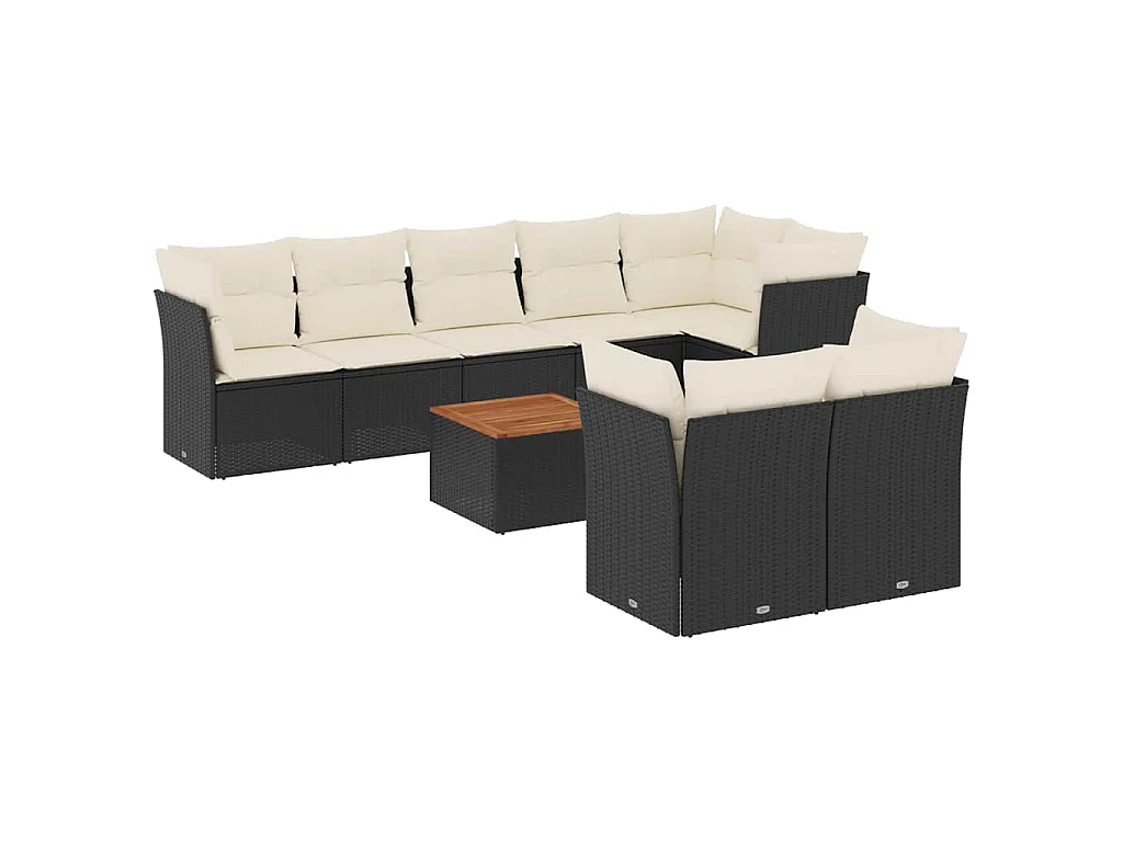 9-delige Loungeset met kussens poly rattan zwart