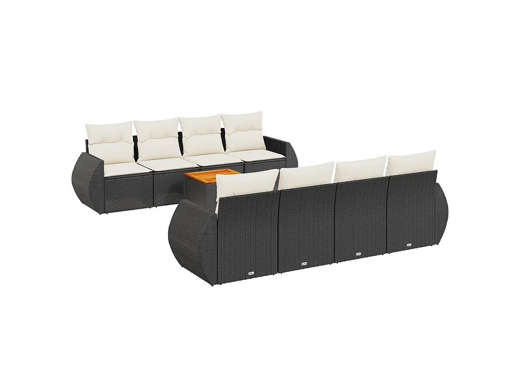 9-delige Loungeset met kussens poly rattan zwart