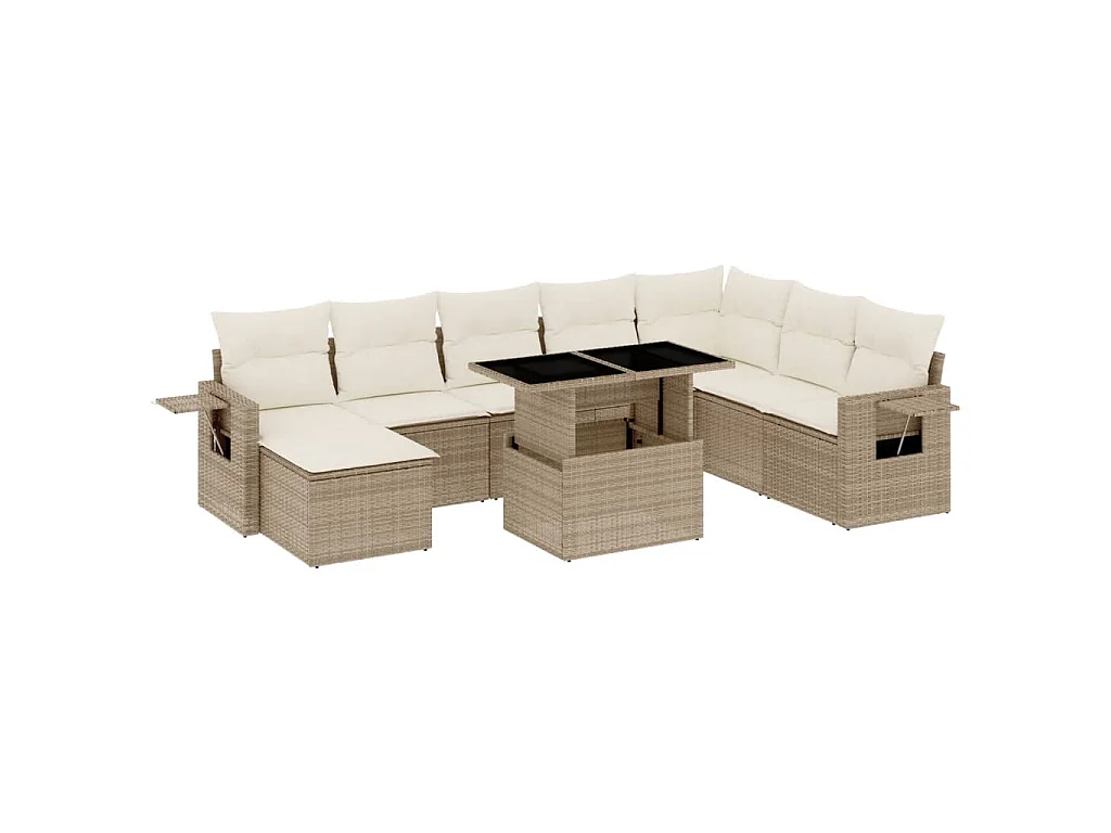 9-delige Loungeset met kussens poly rattan beige