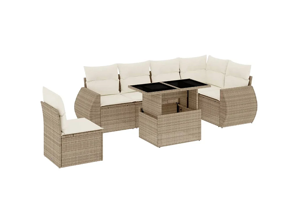 7-delige Loungeset met kussens poly rattan beige