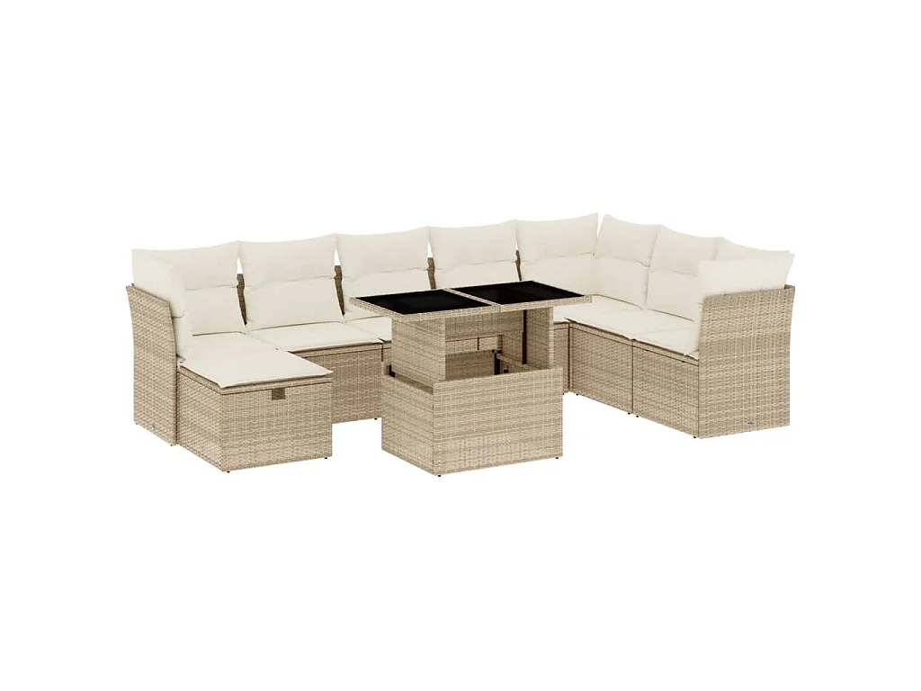 9-delige Loungeset met kussens poly rattan beige