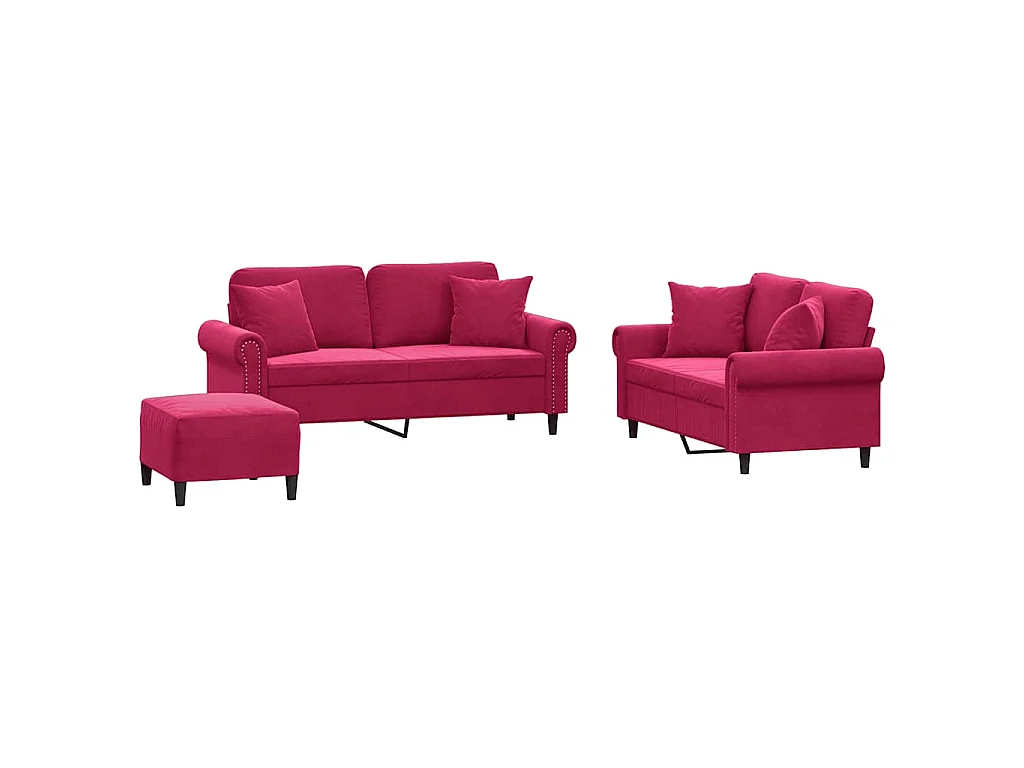 3-delige Loungeset met kussens fluweel wijnrood