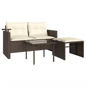 3-delige Loungeset met kussens poly rattan bruin 3-delige Loungeset met kussens poly rattan bruin