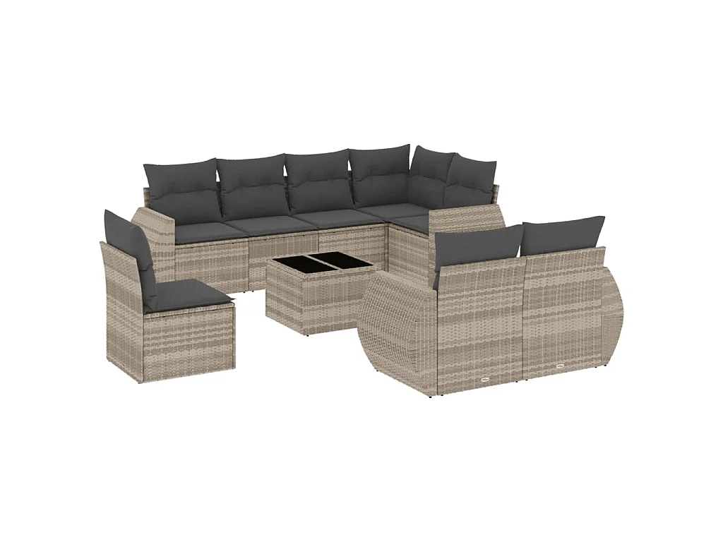 9-delige Loungeset met kussens poly rattan lichtgrijs