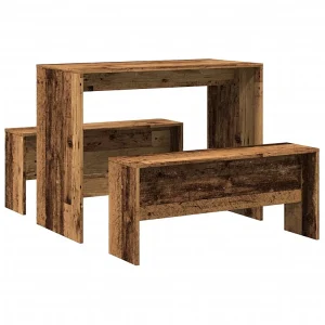 3-delige Eettafel en bankenset bewerkt hout oud houtkleurig 3-delige Eettafel en bankenset bewerkt hout oud houtkleurig