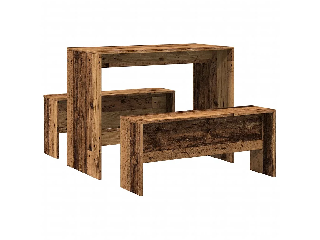 3-delige Eettafel en bankenset bewerkt hout oud houtkleurig