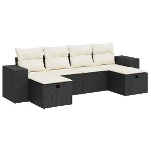 6-delige Loungeset met kussens poly rattan zwart