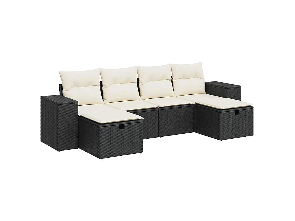 6-delige Loungeset met kussens poly rattan zwart