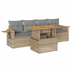 5-delige Loungeset met kussens poly rattan en acaciahout beige 5-delige Loungeset met kussens poly rattan en acaciahout beige