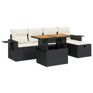 6-delige Loungeset met kussens poly rattan acacia zwart 6-delige Loungeset met kussens poly rattan acacia zwart