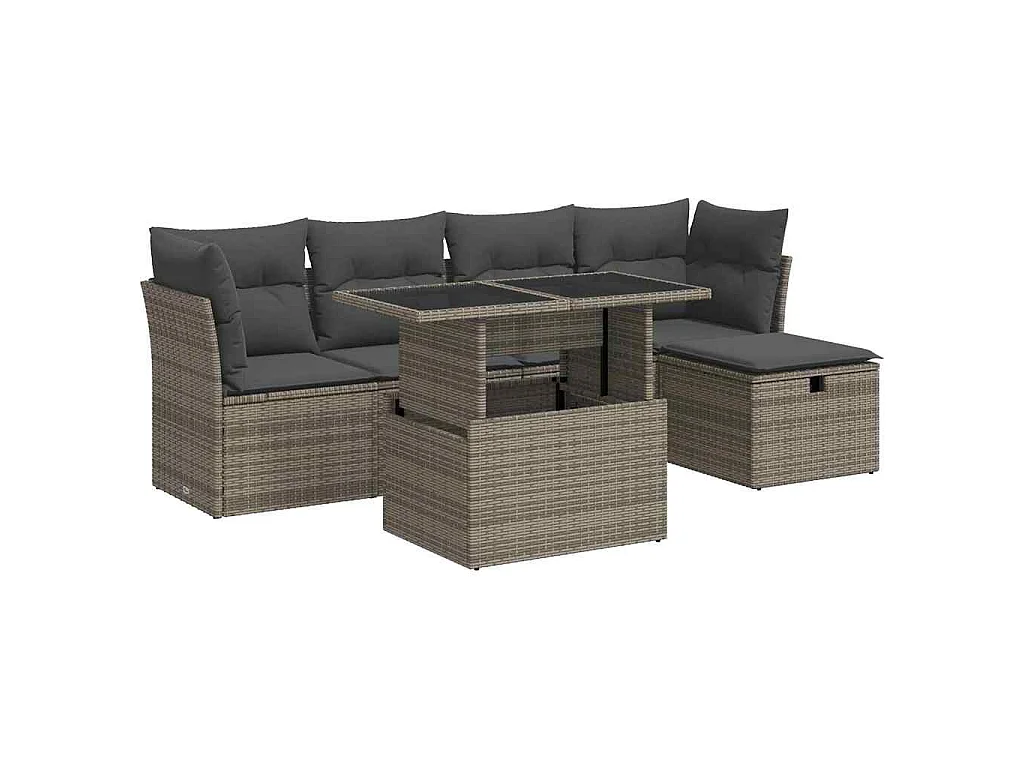 6-delige Loungeset met kussens poly rattan grijs