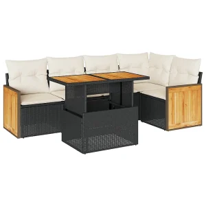 6-delige Loungeset met kussens poly rattan acacia zwart 6-delige Loungeset met kussens poly rattan acacia zwart