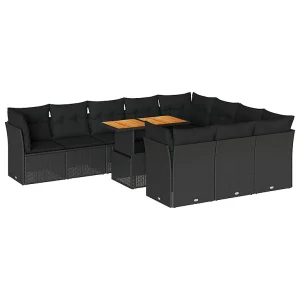 11-delige Loungeset met kussens poly rattan zwart