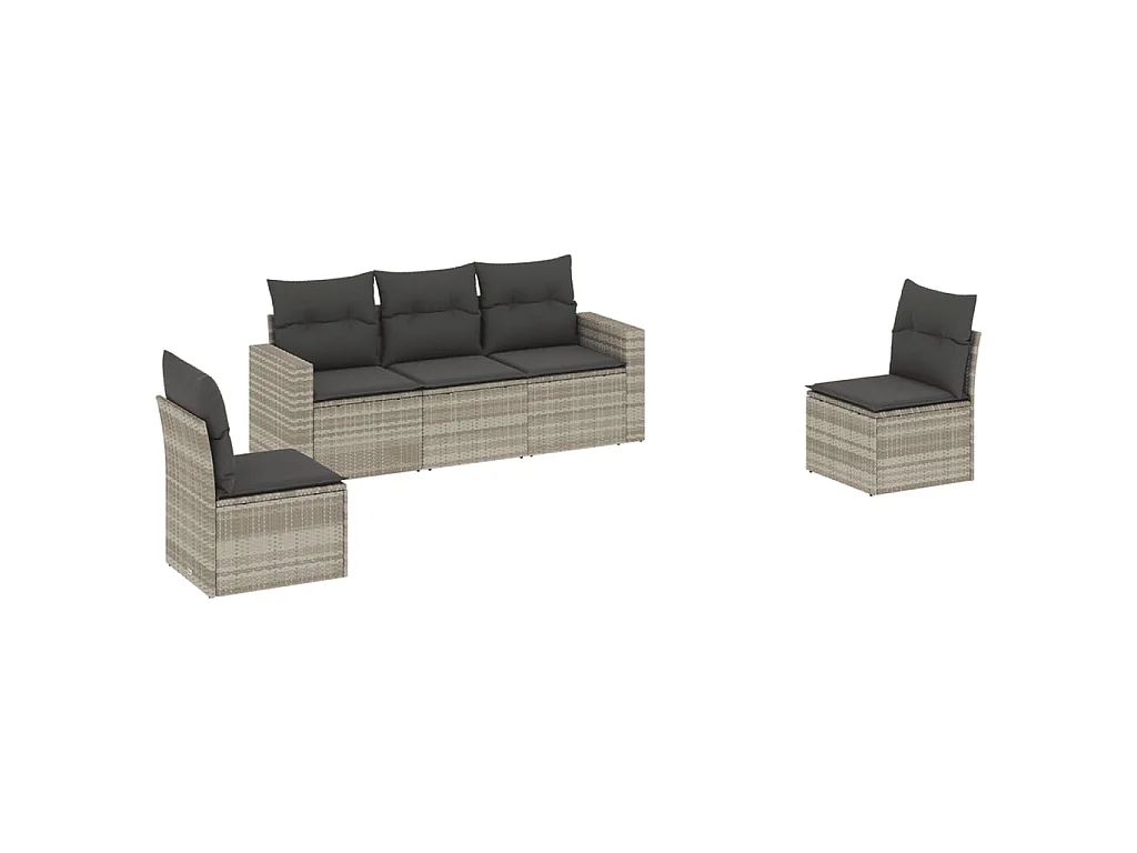 5-delige Loungeset met kussens poly rattan lichtgrijs
