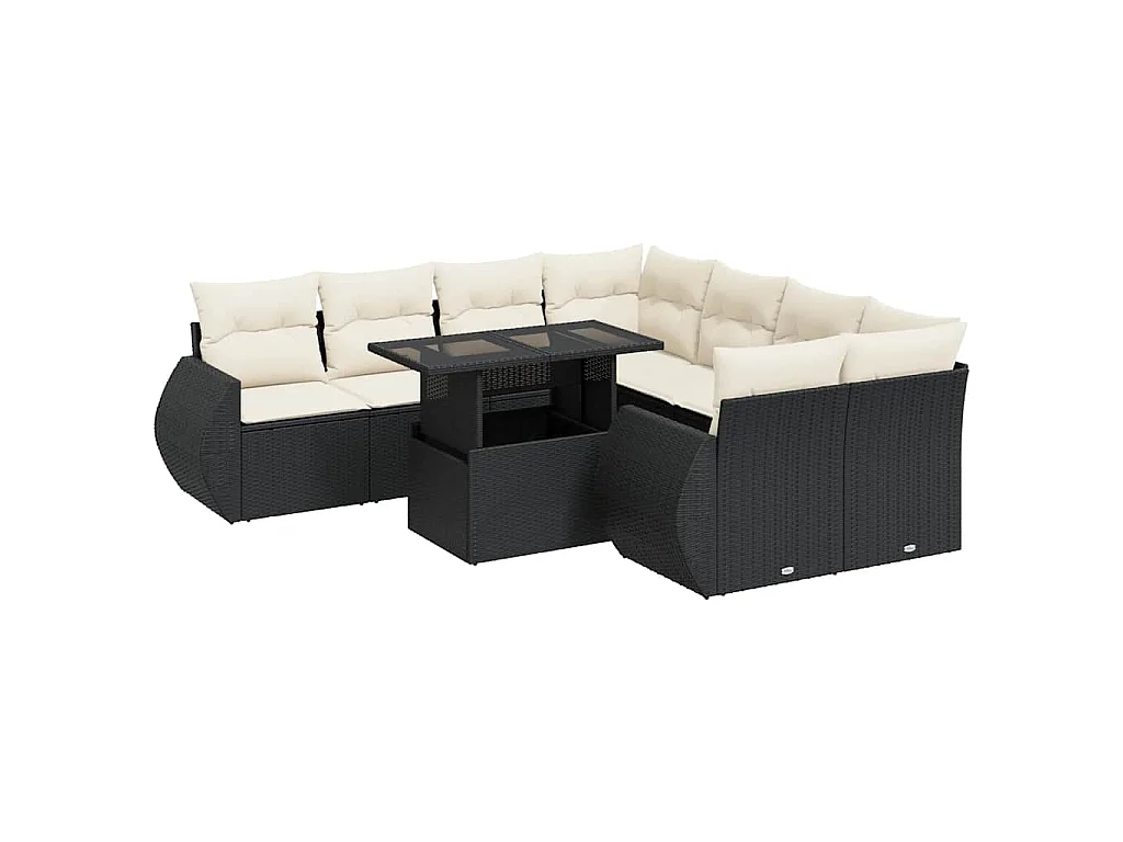 9-delige Loungeset met kussens poly rattan zwart