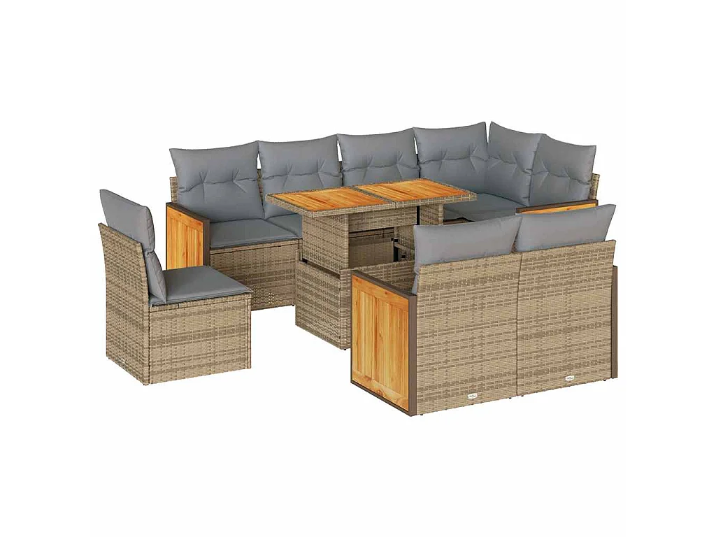 9-delige Loungeset met kussens poly rattan acacia beige