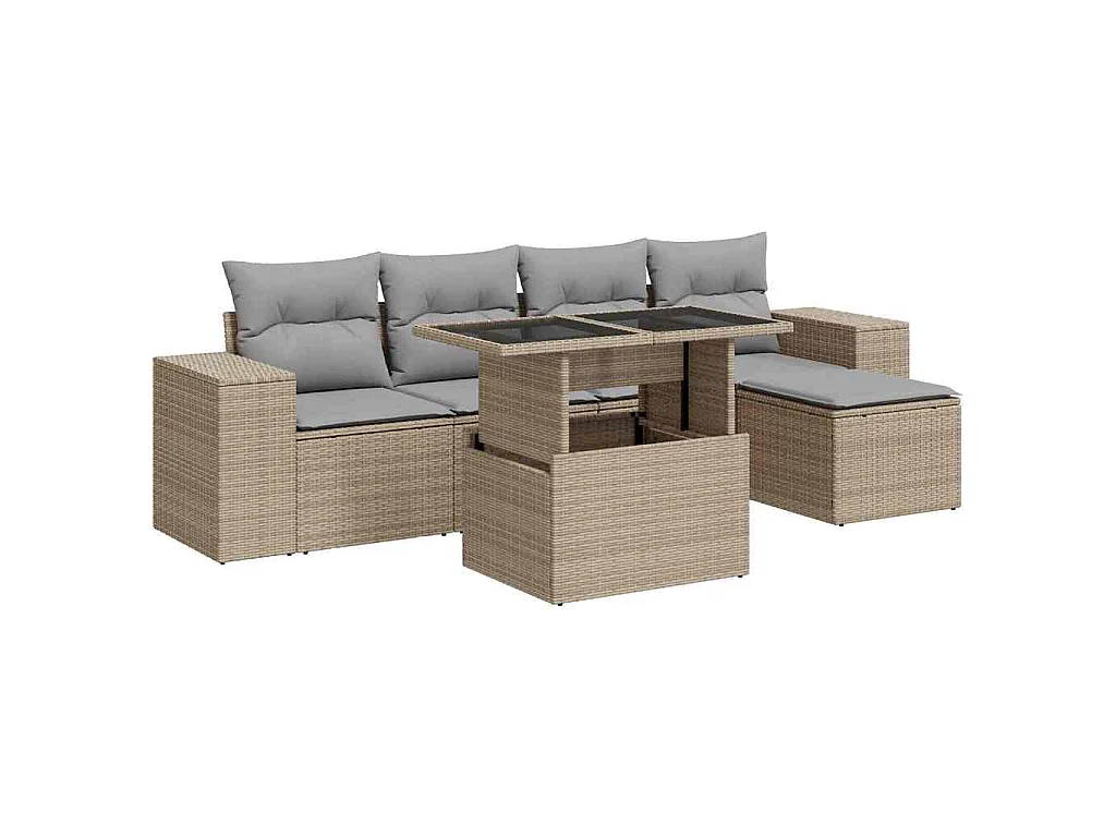 6-delige Loungeset met kussens poly rattan beige