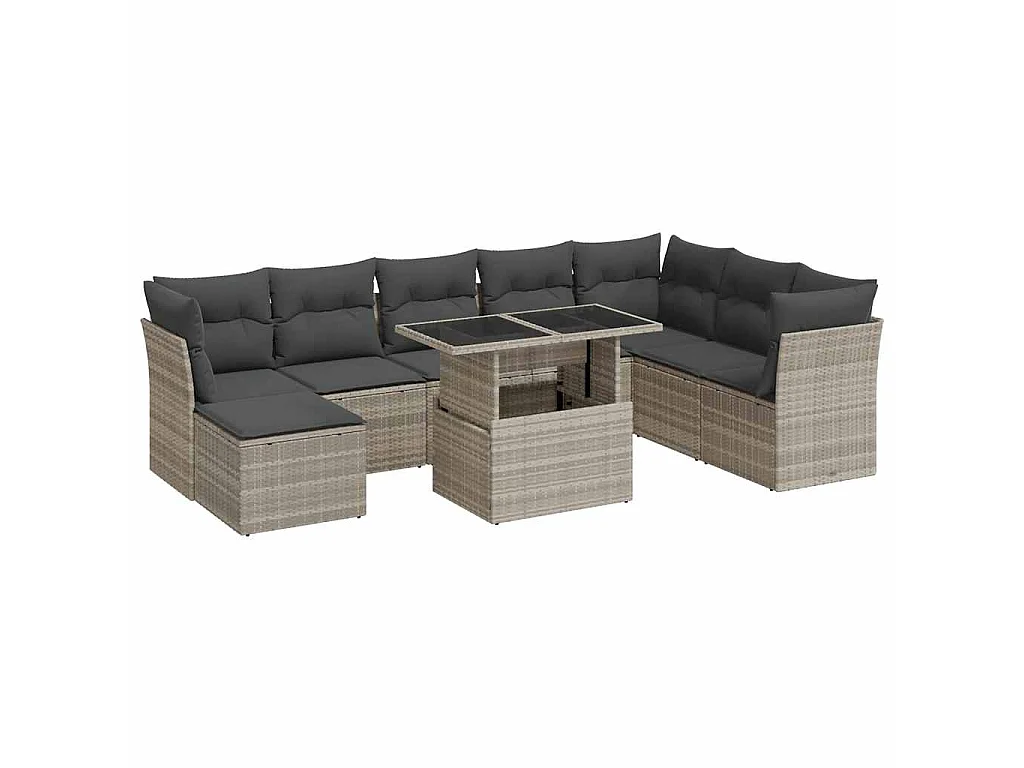 9-delige Loungeset met kussens poly rattan lichtgrijs