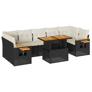 8-delige Loungeset met kussens poly rattan acacia zwart 8-delige Loungeset met kussens poly rattan acacia zwart