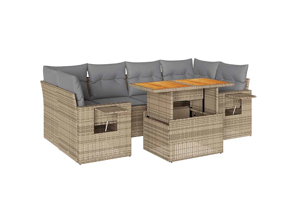 7-delige Loungeset met kussens poly rattan beige