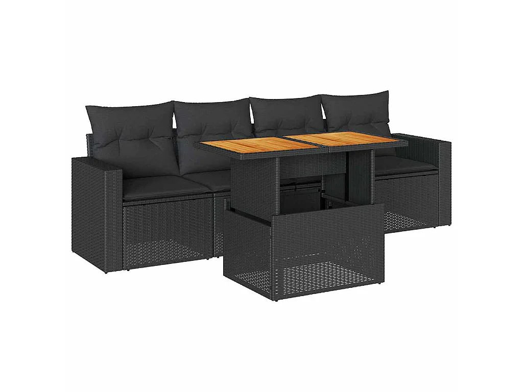 5-delige Loungeset met kussens poly rattan zwart