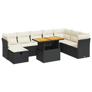 9-delige Loungeset met kussens poly rattan acacia zwart 9-delige Loungeset met kussens poly rattan acacia zwart