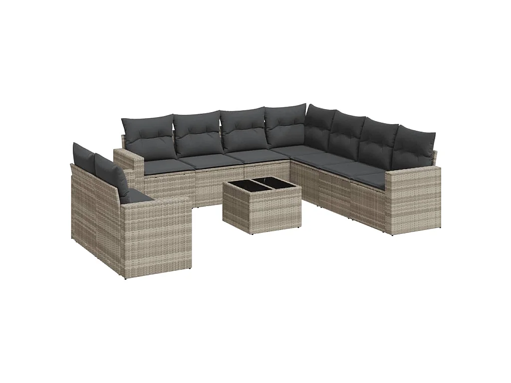 10-delige Loungeset met kussens poly rattan lichtgrijs