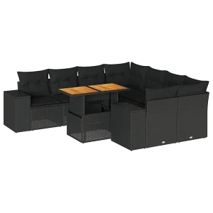 9-delige Loungeset met kussens poly rattan zwart 9-delige Loungeset met kussens poly rattan zwart