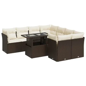 9-delige Loungeset met kussens poly rattan bruin