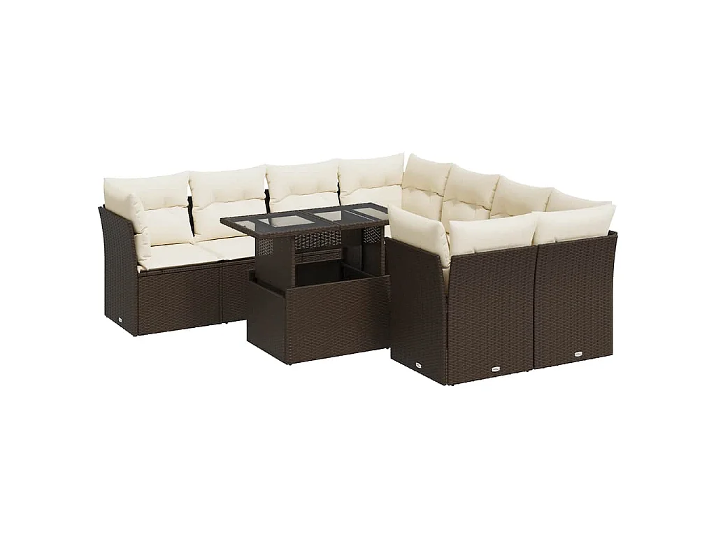 9-delige Loungeset met kussens poly rattan bruin