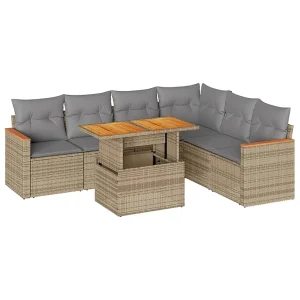 7-delige Loungeset met kussens poly rattan acacia beige 7-delige Loungeset met kussens poly rattan acacia beige