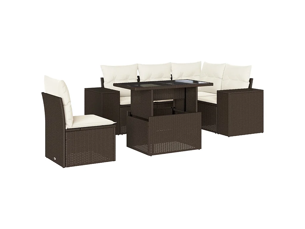 6-delige Loungeset met kussens poly rattan bruin
