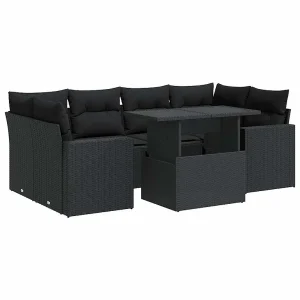 7-delige Loungeset met kussens poly rattan zwart 7-delige Loungeset met kussens poly rattan zwart