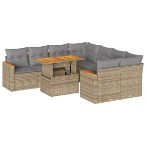9-delige Loungeset met kussens poly rattan acacia beige 9-delige Loungeset met kussens poly rattan acacia beige