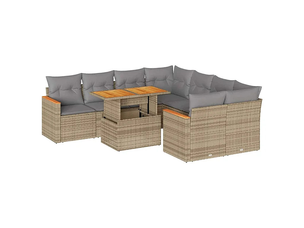 9-delige Loungeset met kussens poly rattan acacia beige