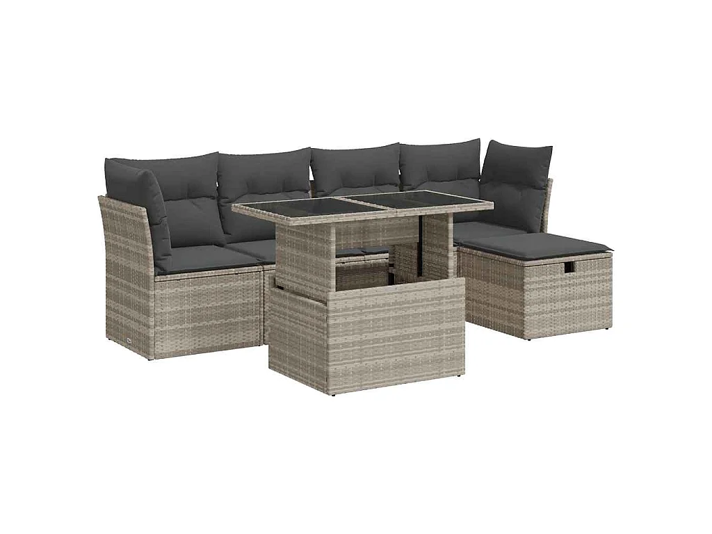 6-delige Loungeset met kussens poly rattan lichtgrijs