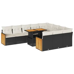 11-delige Loungeset met kussens poly rattan acacia zwart 11-delige Loungeset met kussens poly rattan acacia zwart