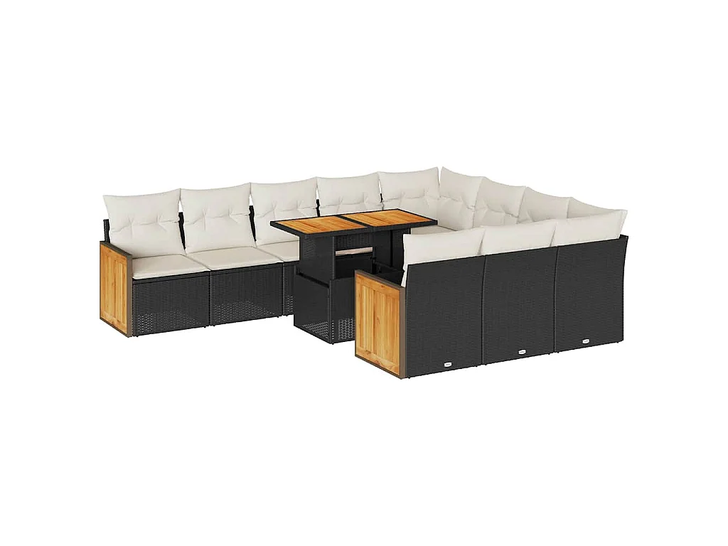 11-delige Loungeset met kussens poly rattan acacia zwart