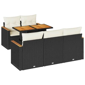 6-delige Loungeset met kussens poly rattan acacia zwart 6-delige Loungeset met kussens poly rattan acacia zwart