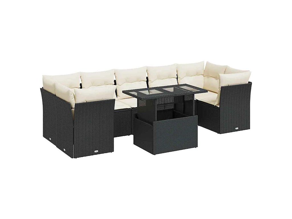 8-delige Loungeset met kussens poly rattan zwart