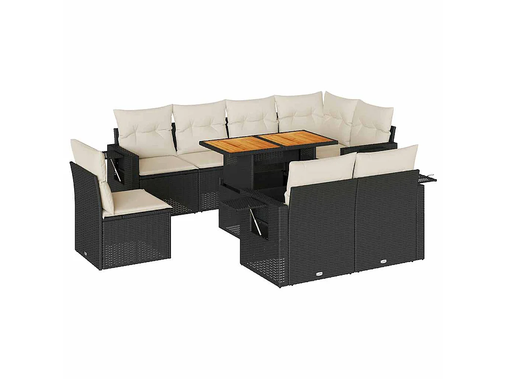 9-delige Loungeset met kussens poly rattan zwart