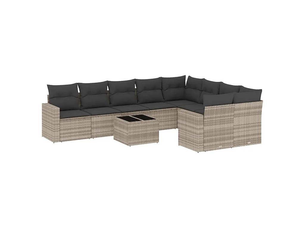 10-delige Loungeset met kussens poly rattan lichtgrijs