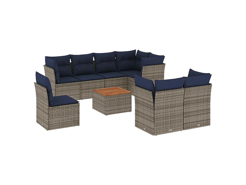 9-delige Loungeset met kussens poly rattan grijs