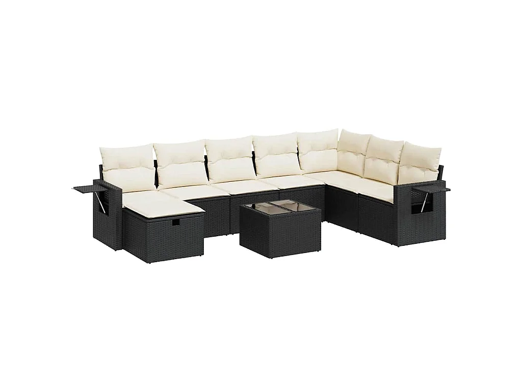 9-delige Loungeset met kussens poly rattan zwart