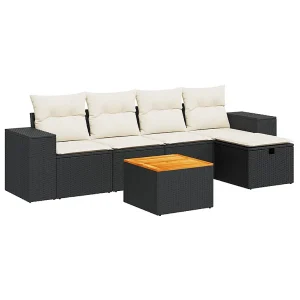 6-delige Loungeset met kussens poly rattan zwart 6-delige Loungeset met kussens poly rattan zwart