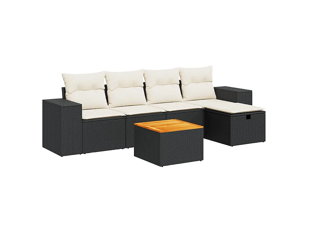 6-delige Loungeset met kussens poly rattan zwart