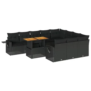 11-delige Loungeset met kussens poly rattan zwart